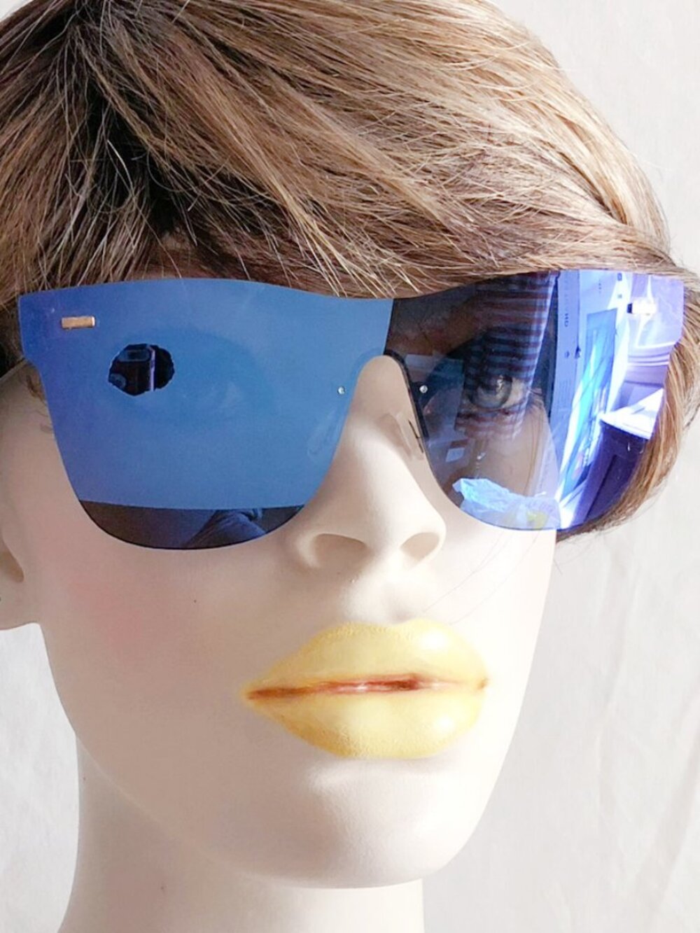 Blue Frameless Flat Top Hornrim Shield Sunglasses